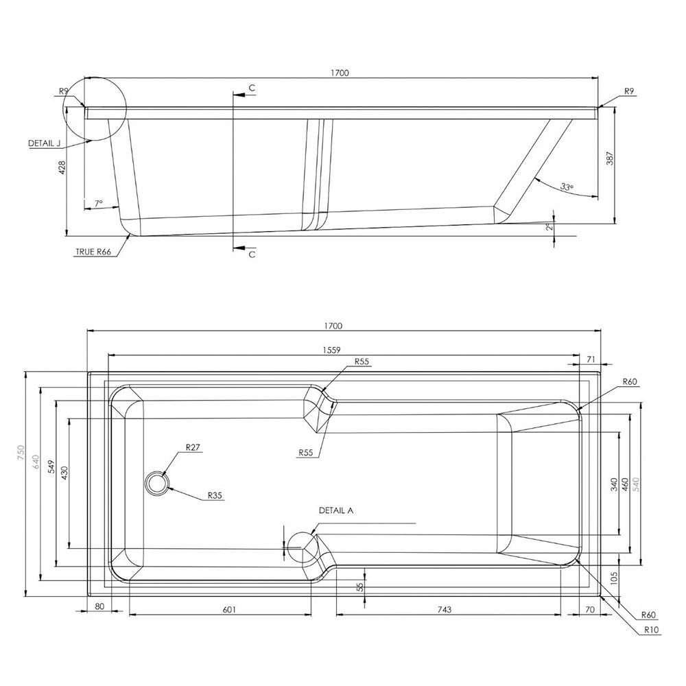 Evolve Straight Shower Bath By Synergy (SY-EVSB17 & 237BPM1700 & 237BPM0750)
