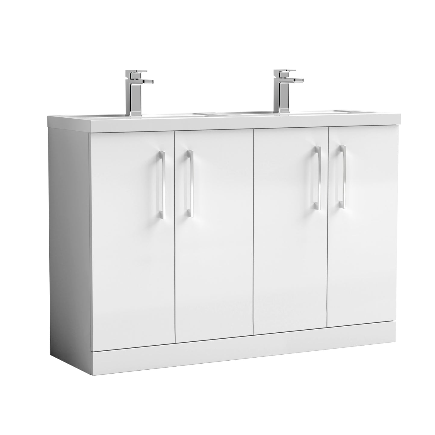 Nuie Arno 1200mm Gloss White Floor Standing 4 Door Vanity & Double Basin With Handles