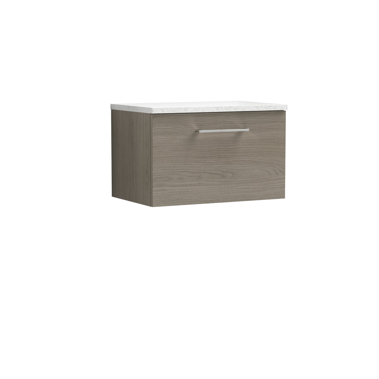 Nuie Arno 600mm Wall Hung 1-Drawer Vanity Unit Solace Oak with Laminate Top & Soft Close Drawer