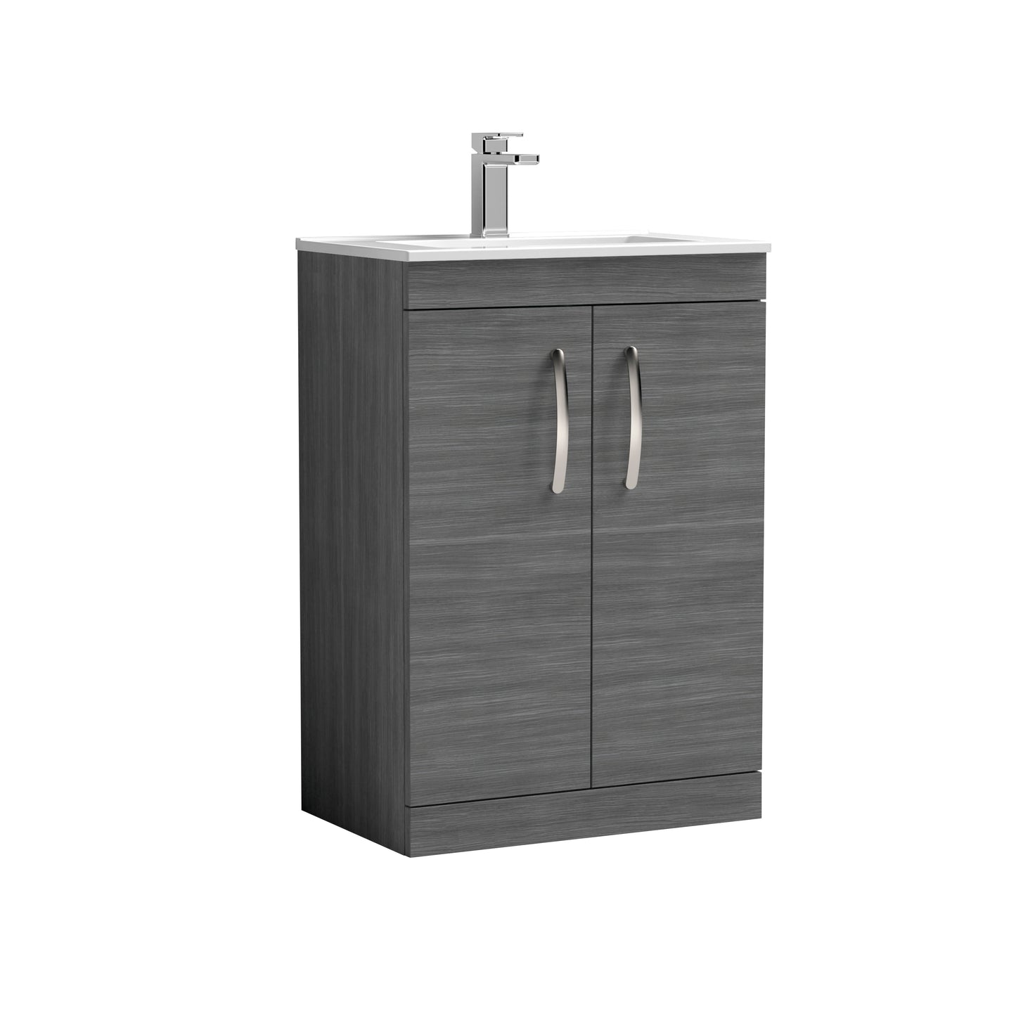 Nuie 600mm Anthracite Woodgrain Floor Standing 2 Door Vanity Unit with 1 Tap Hole Basin