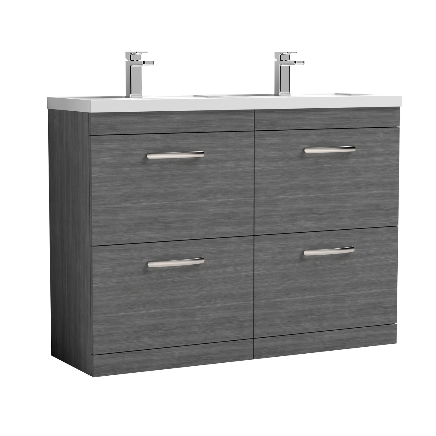 Nuie Athena 1200mm Anthracite Woodgrain Floor Standing 4 Drawer Vanity Unit With Twin Polymarble Basin