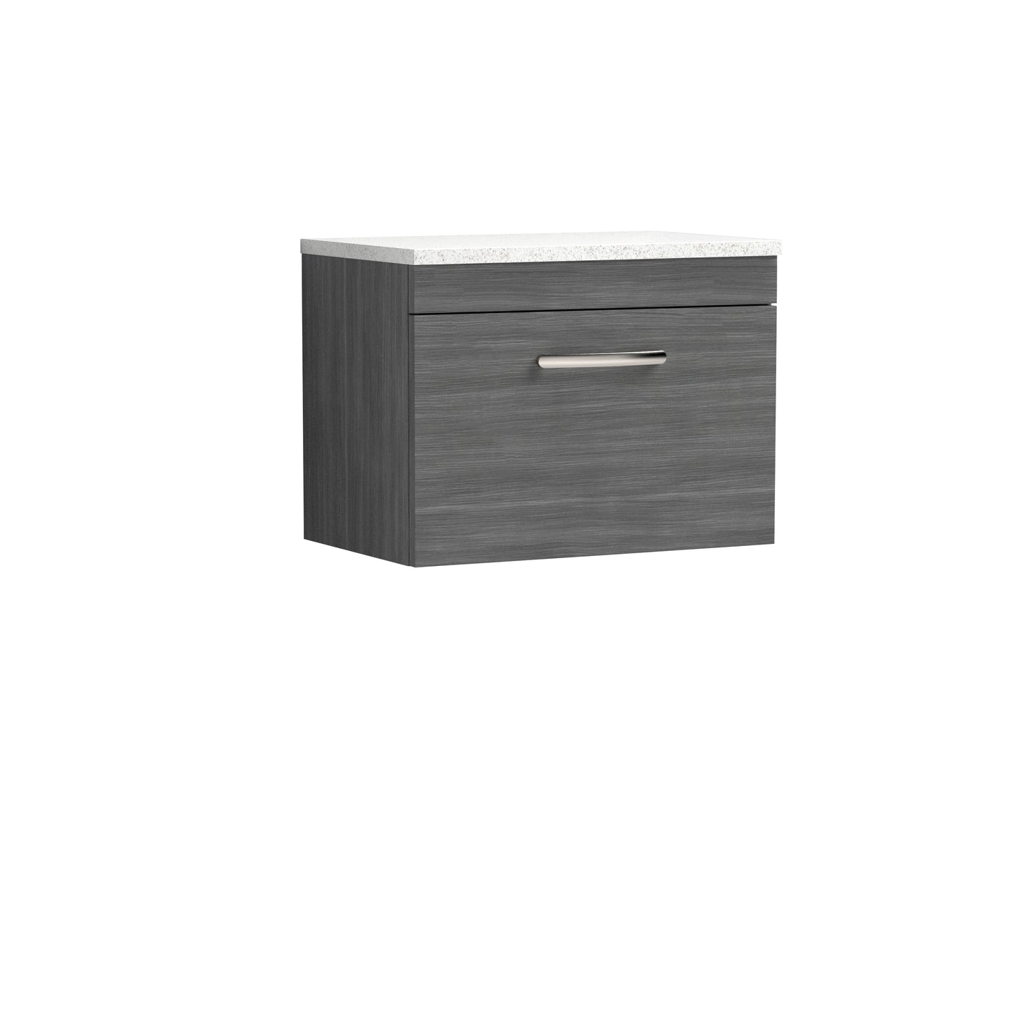 Nuie Athena 605mm Anthracite Woodgrain Wall Hung Single Drawer Vanity Unit With Sparkling White Worktop