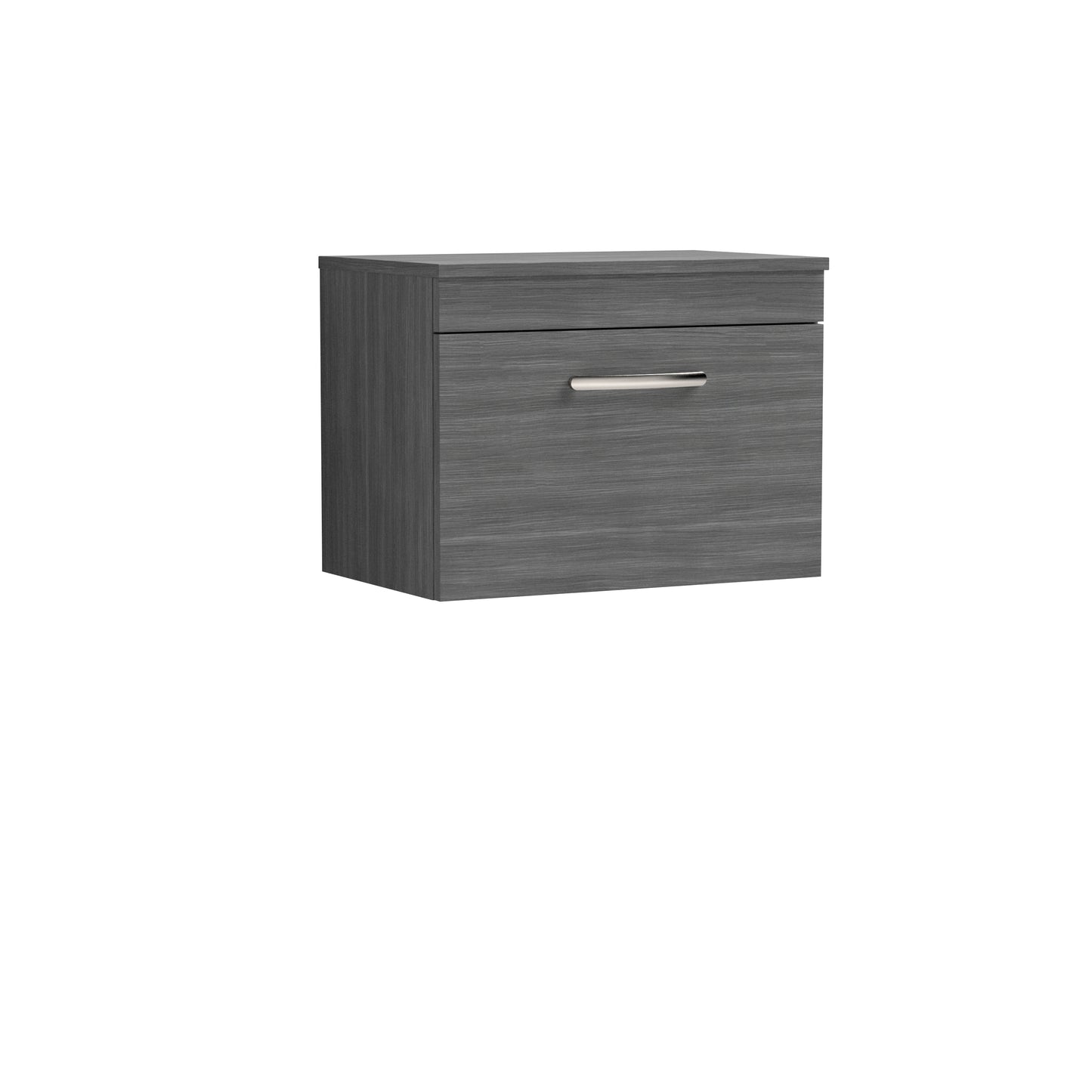 Nuie 600mm Anthracite Woodgrain Wall Hung Single Soft Close Drawer Vanity Unit With Worktop & Handle