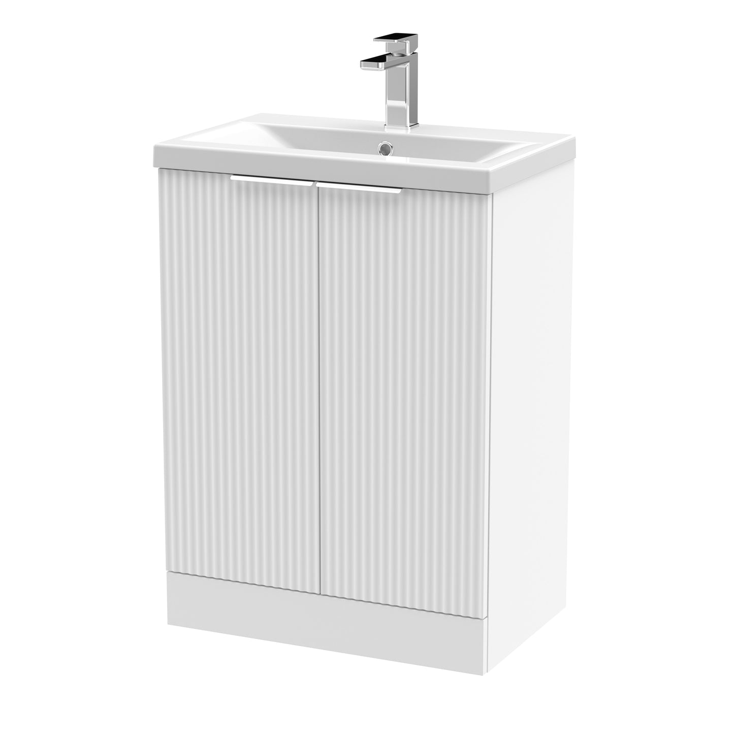 Hudson Reed Fluted 600mm Satin White Floor Standing 2-Door Vanity Unit With Basin