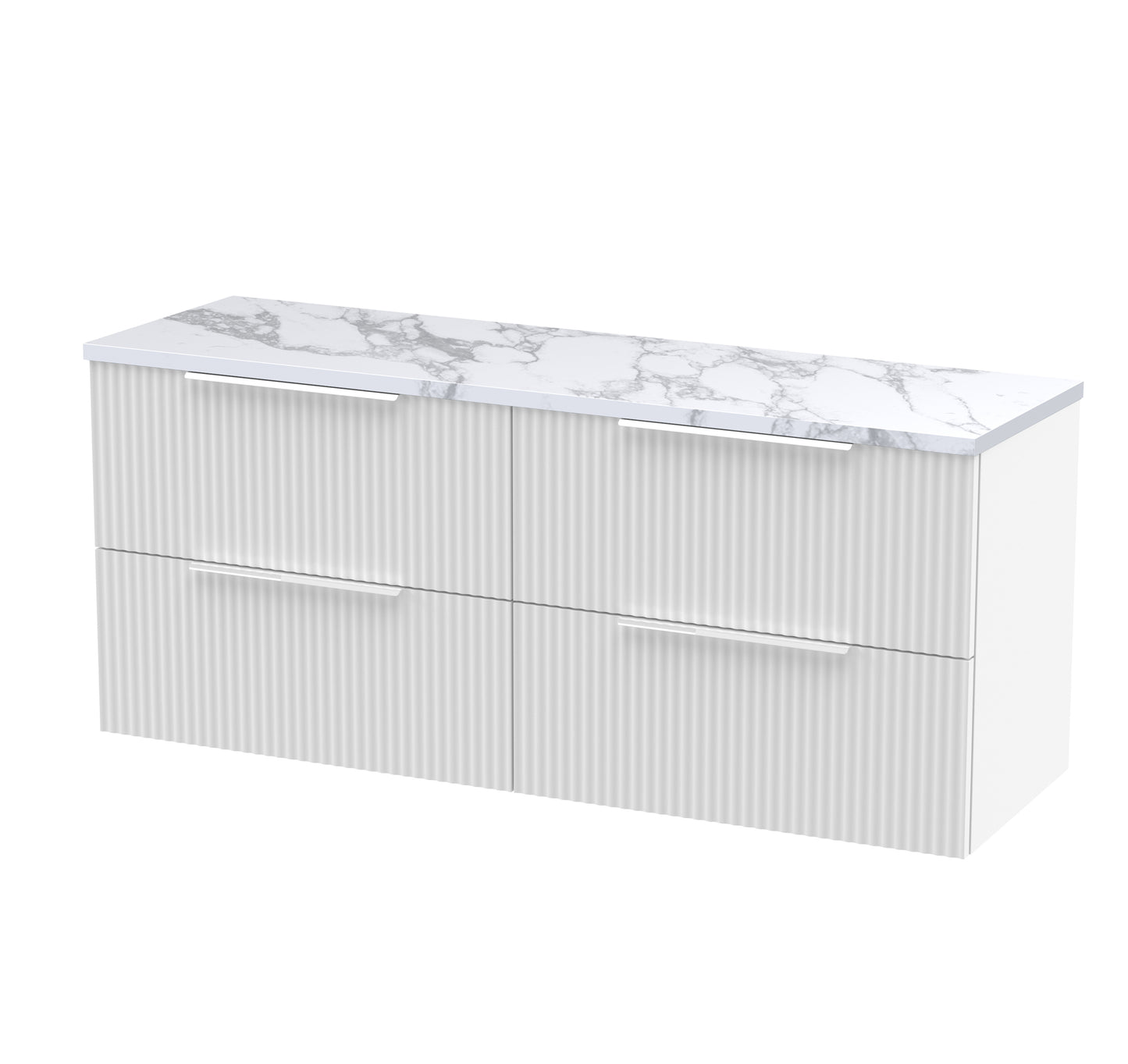 Hudson Reed Fluted 1200mm Satin White Wall Hung 4-Drawer Vanity Unit With Laminate Worktop & Handles
