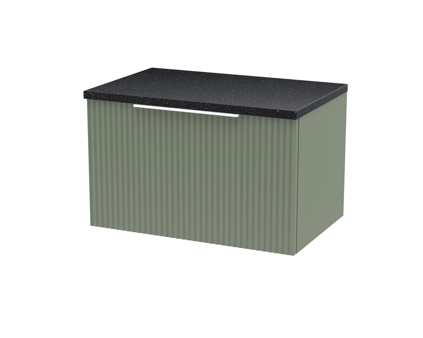 Hudson Reed Fluted 600mm Wall Hung Satin Green Single Drawer Vanity Unit With Laminate Top