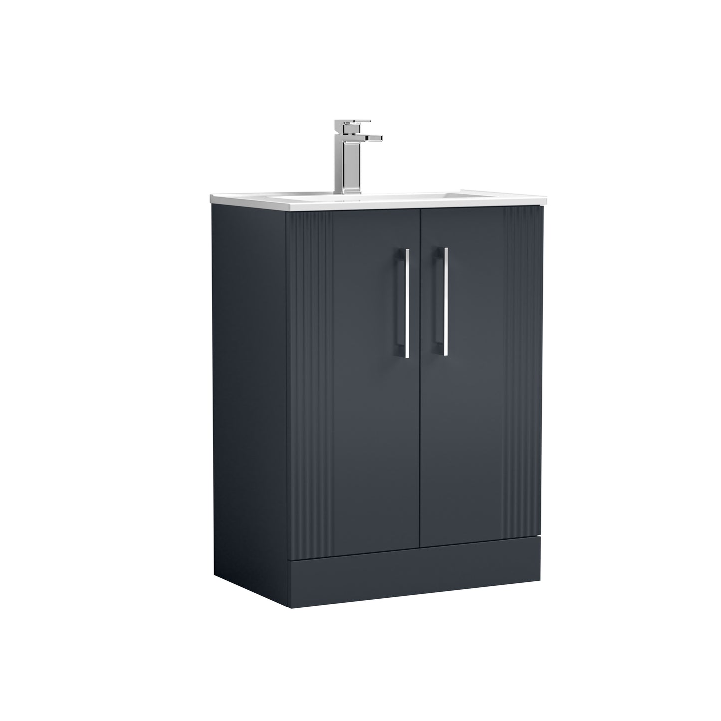 Nuie 600mm Soft Black Art Deco Floor Standing 2-Door Vanity Unit With Basin & Chrome Handles