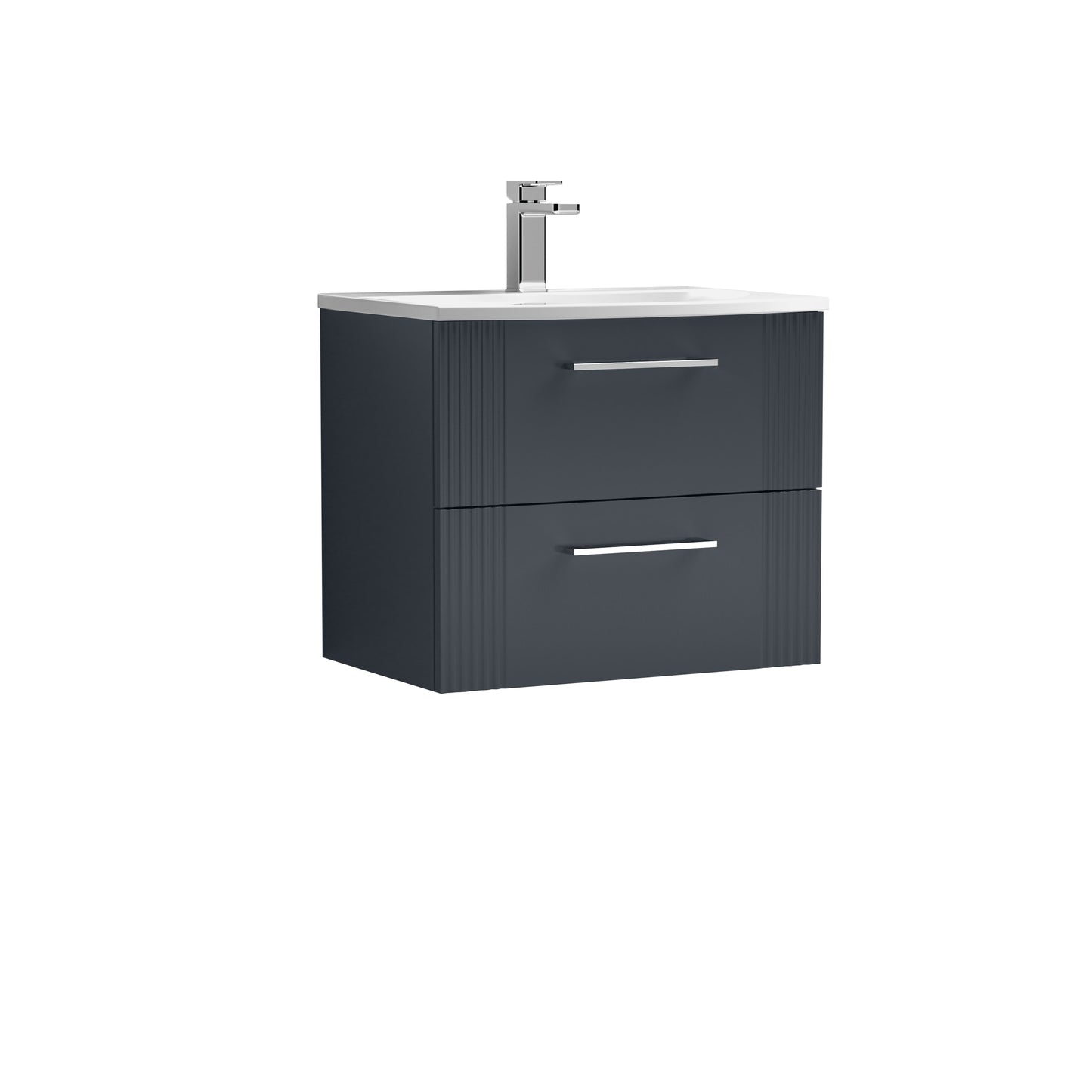 Nuie Deco 600mm Soft Black Wall Hung 2-Drawer Vanity with Curved Basin & Chrome Handles