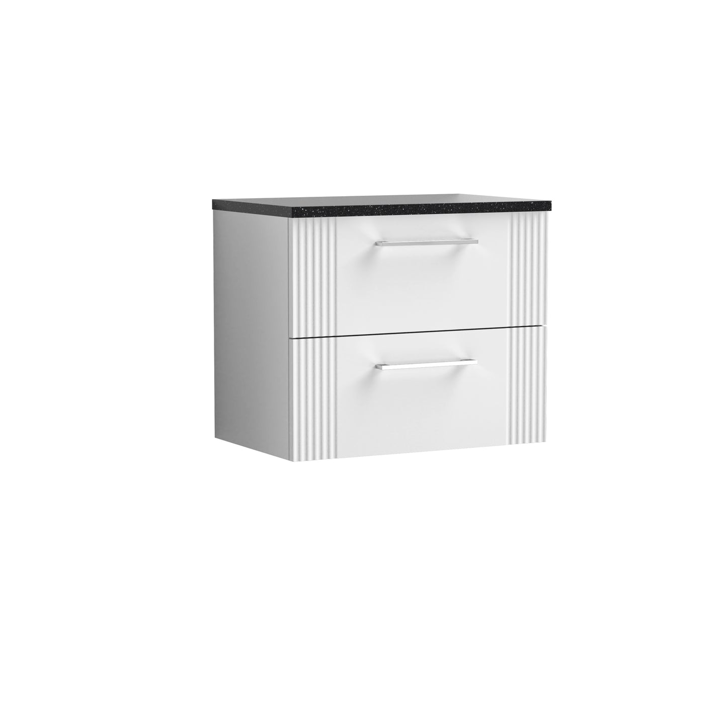 Nuie Deco 600mm Satin White Wall Hung 2-Drawer Vanity With Laminate Top & Chrome Handles
