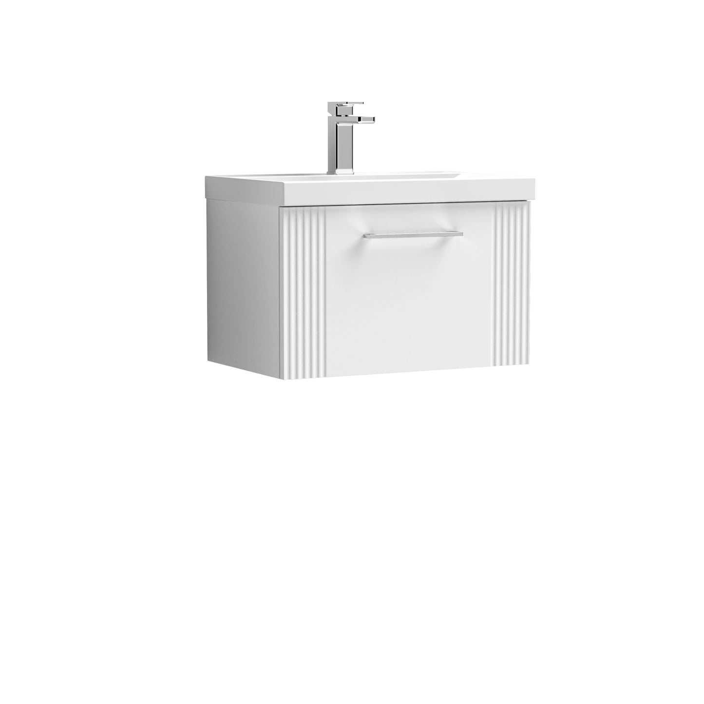 Nuie 600mm Part Fluted Satin White Wall Hung Single Drawer Vanity & Thin-Edge Basin With Chrome Handle