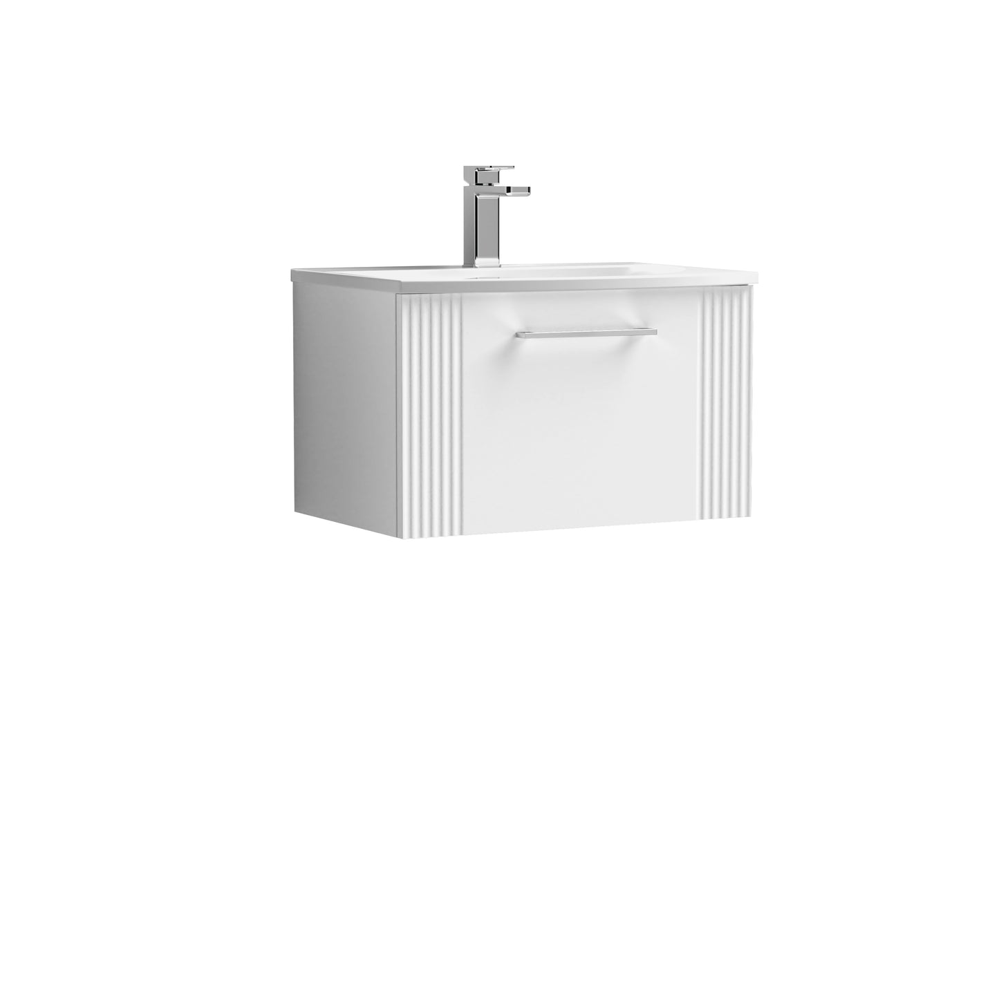 Nuie 600mm Wall Hung Satin White Part Fluted Single Drawer Vanity Unit with Basin With Chrome Handle