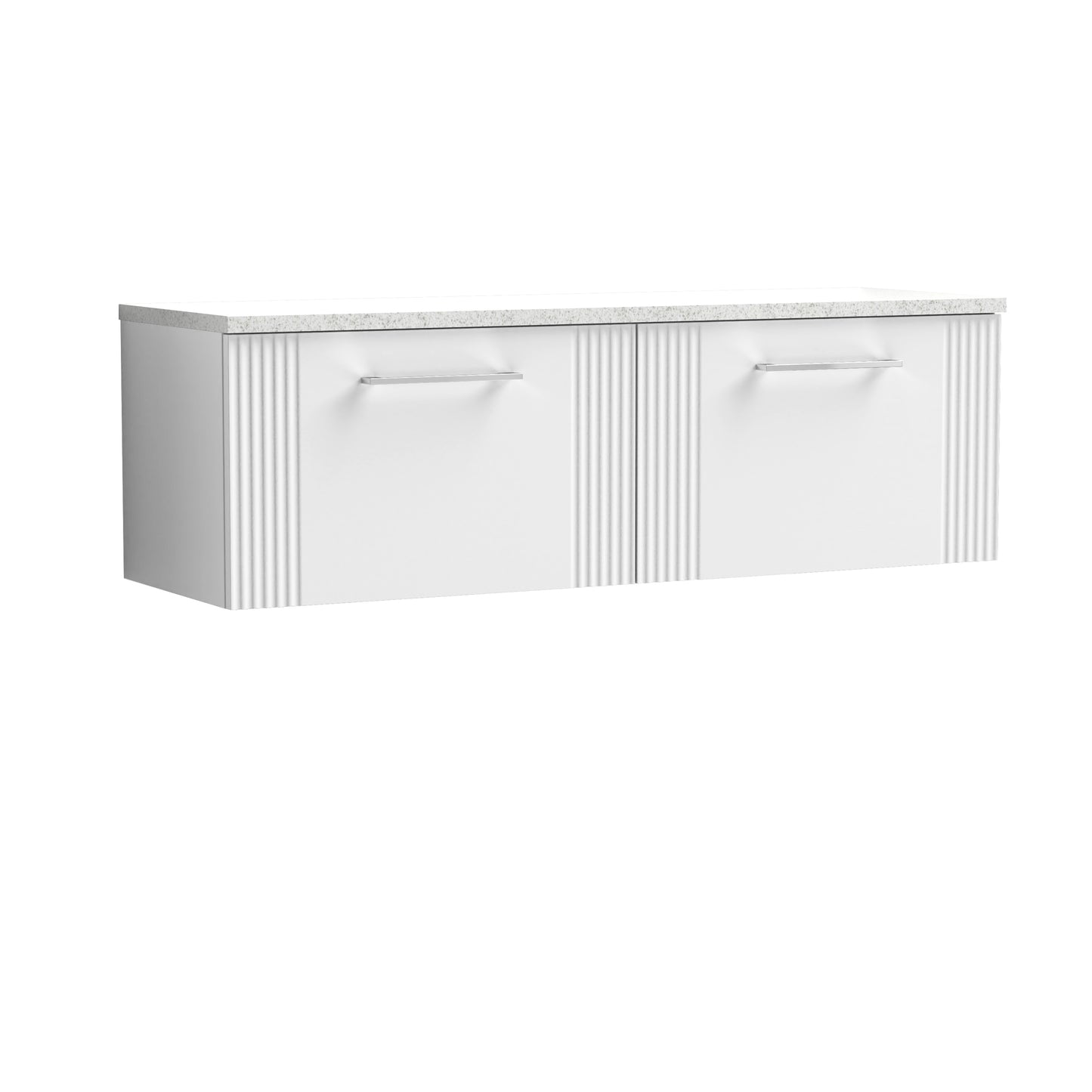 Nuie 1200mm Satin White Part Fluted Wall Hung 2-Drawer Vanity Unit With Laminate Worktop & Handles
