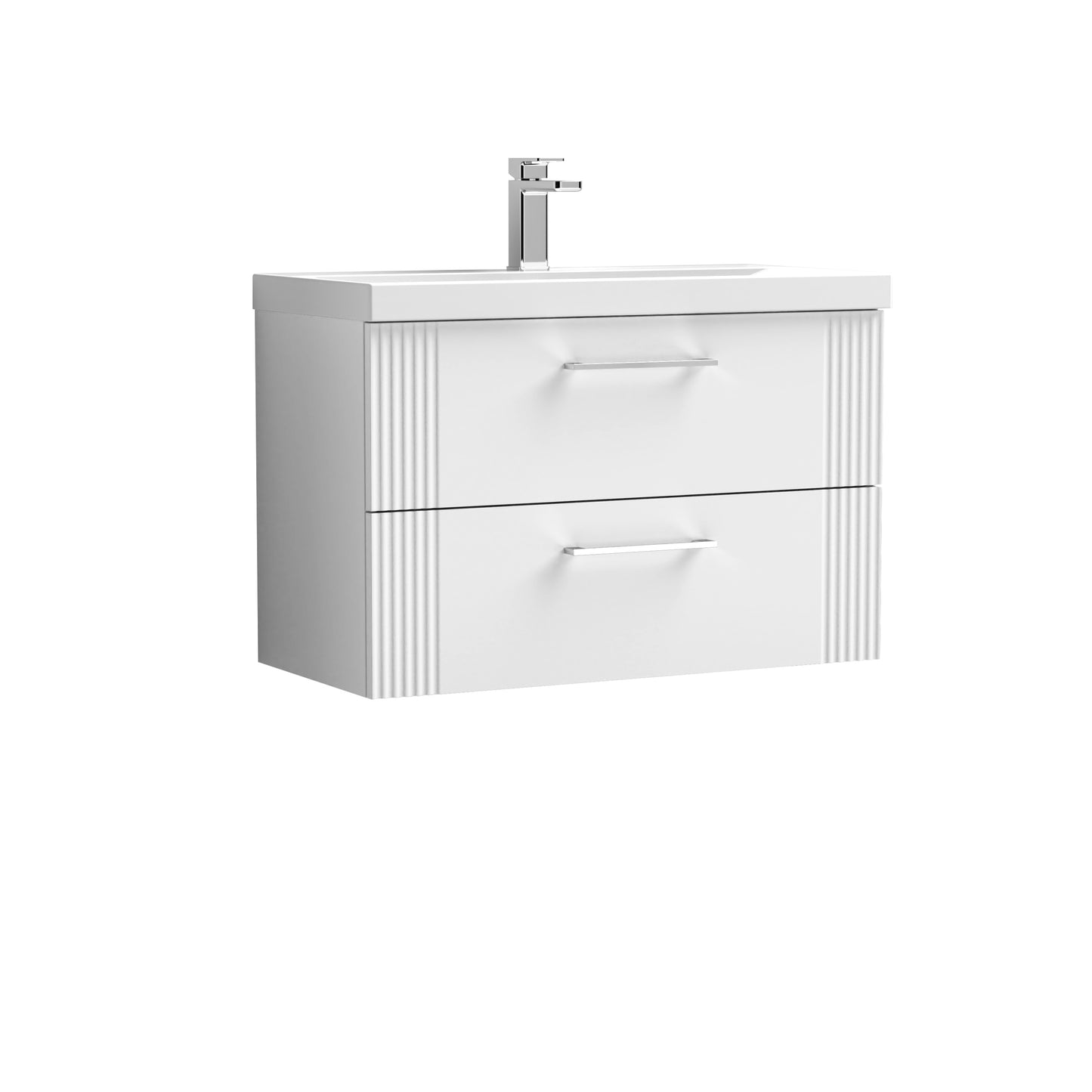 Nuie Deco 800mm Satin White Wall Hung 2-Drawer Vanity Unit & Mid-Edge Basin with Chrome Handles