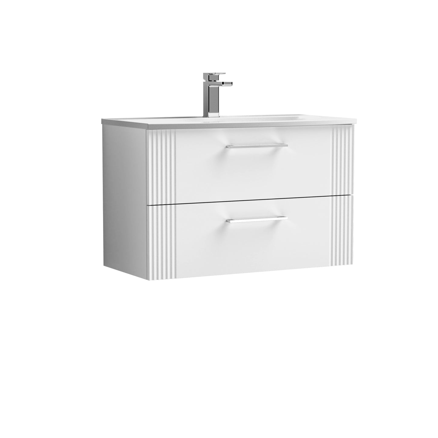 Nuie Deco 800mm Satin White Fluted Wall Hung 2-Drawer Vanity Unit with Curved Basin and Handles