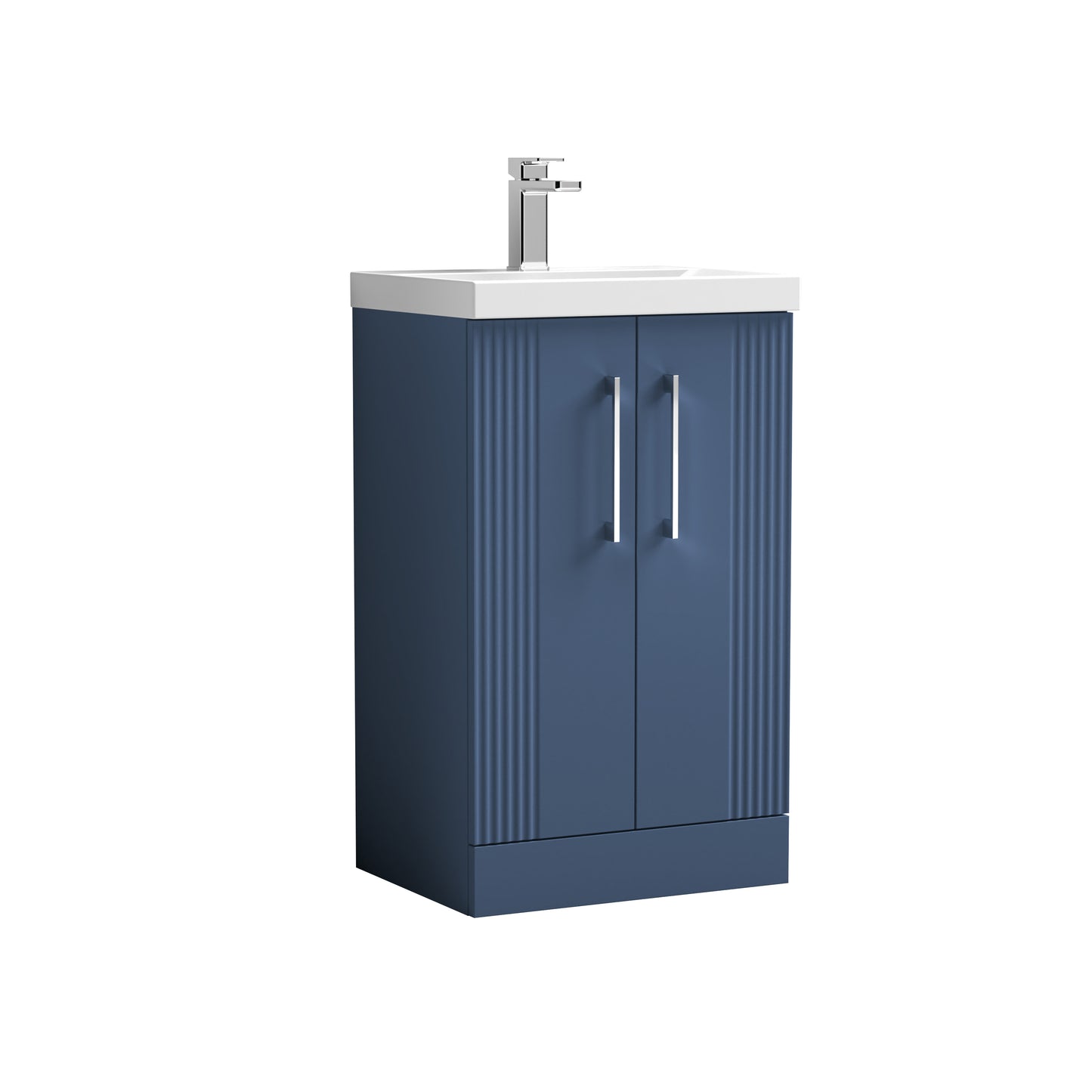 Nuie 500mm Part Fluted Satin Blue Floor Standing 2 Door Vanity Unit With Basin & Chrome Handles