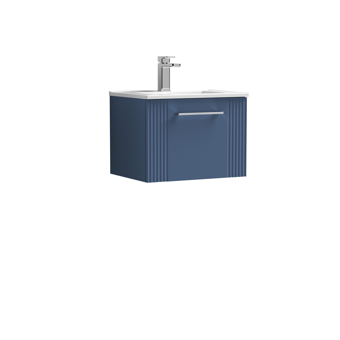 Nuie Deco 500mm Satin Blue Part Fluted Wall Hung Single Drawer Vanity Unit With Basin