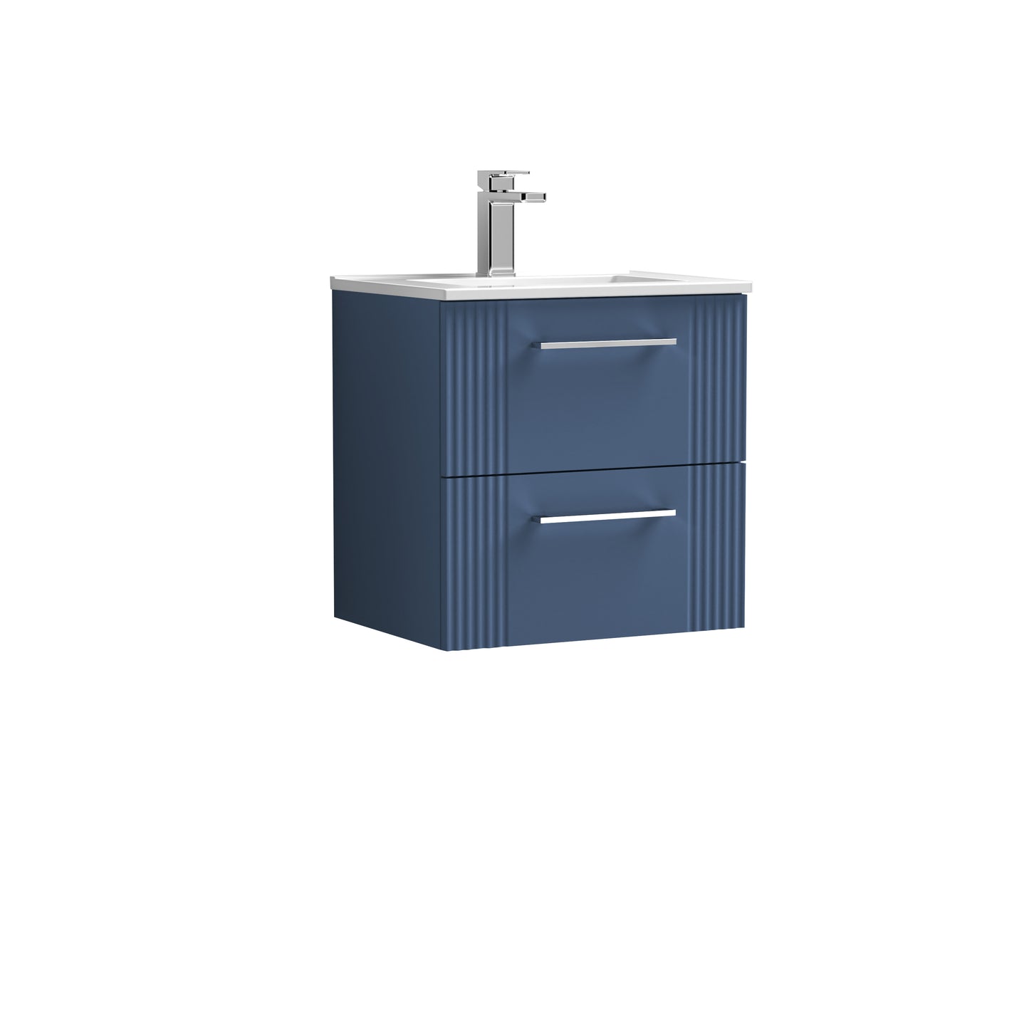 Nuie Deco 500mm Satin Blue Wall Hung 2-Drawer Vanity Unit with Basin and Chrome Handles