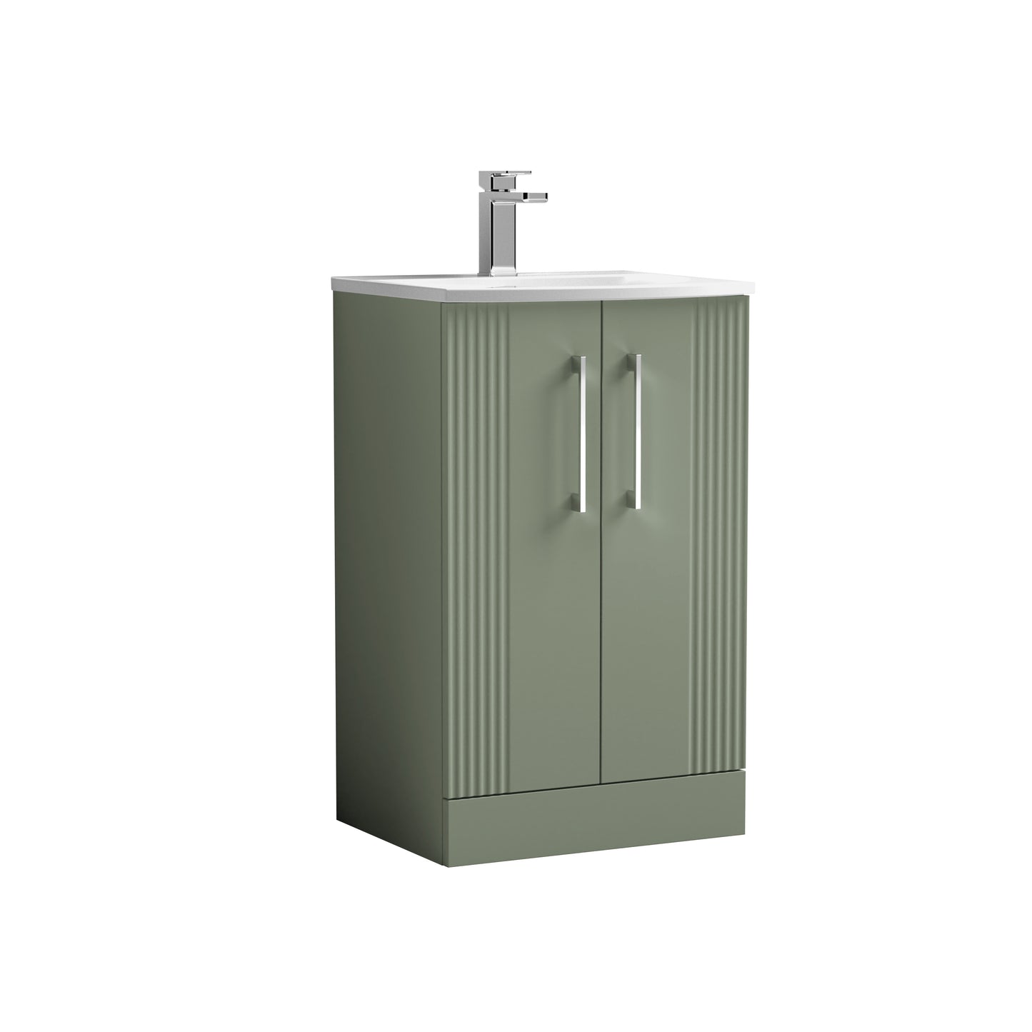 Nuie 500mm Deco Satin Green Floor Standing 2-Door Vanity Unit & Curved Basin With Chrome Handles