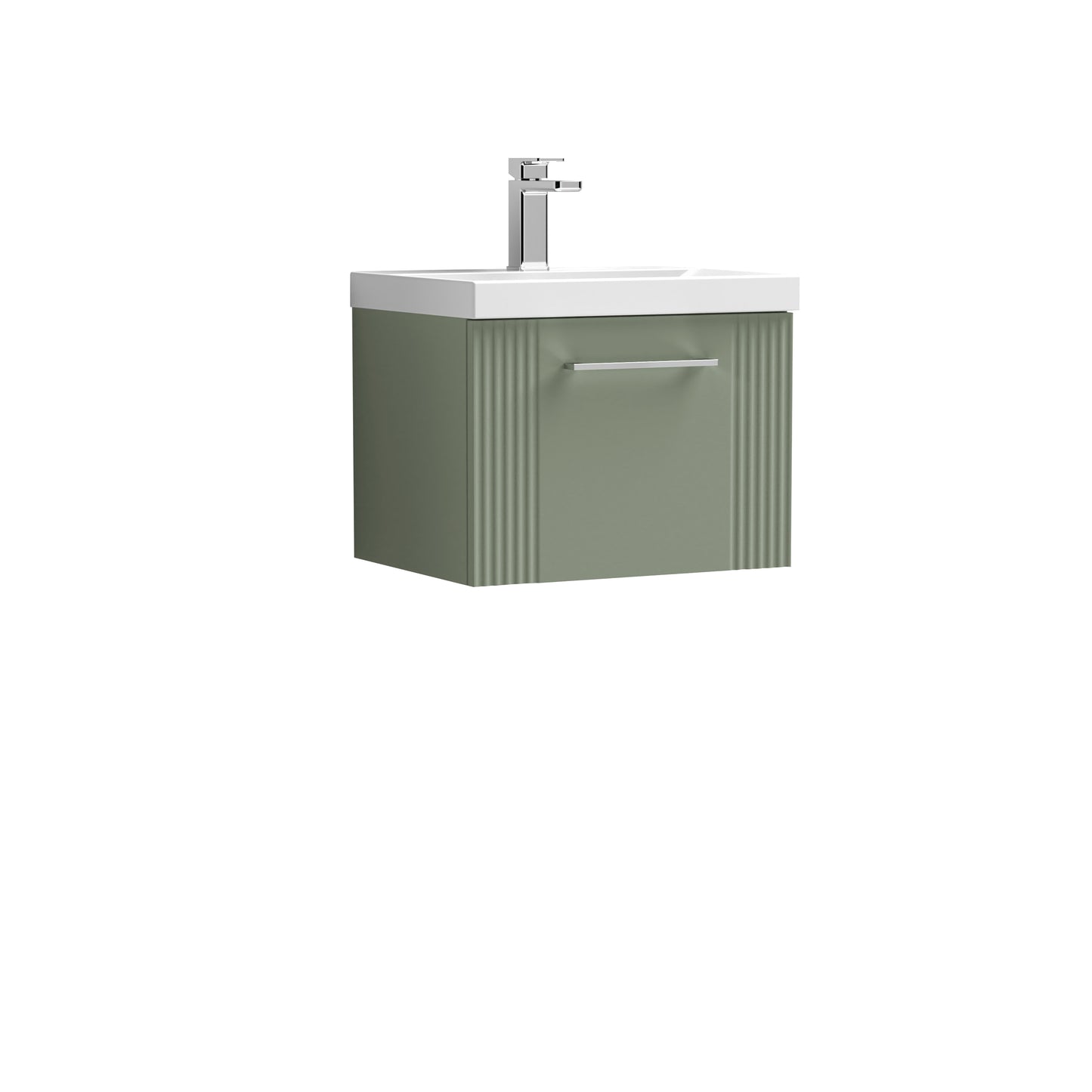 Nuie 500mm Satin Green Part Fluted Wall Hung Single Drawer Vanity Unit with Basin With Chrome Handle