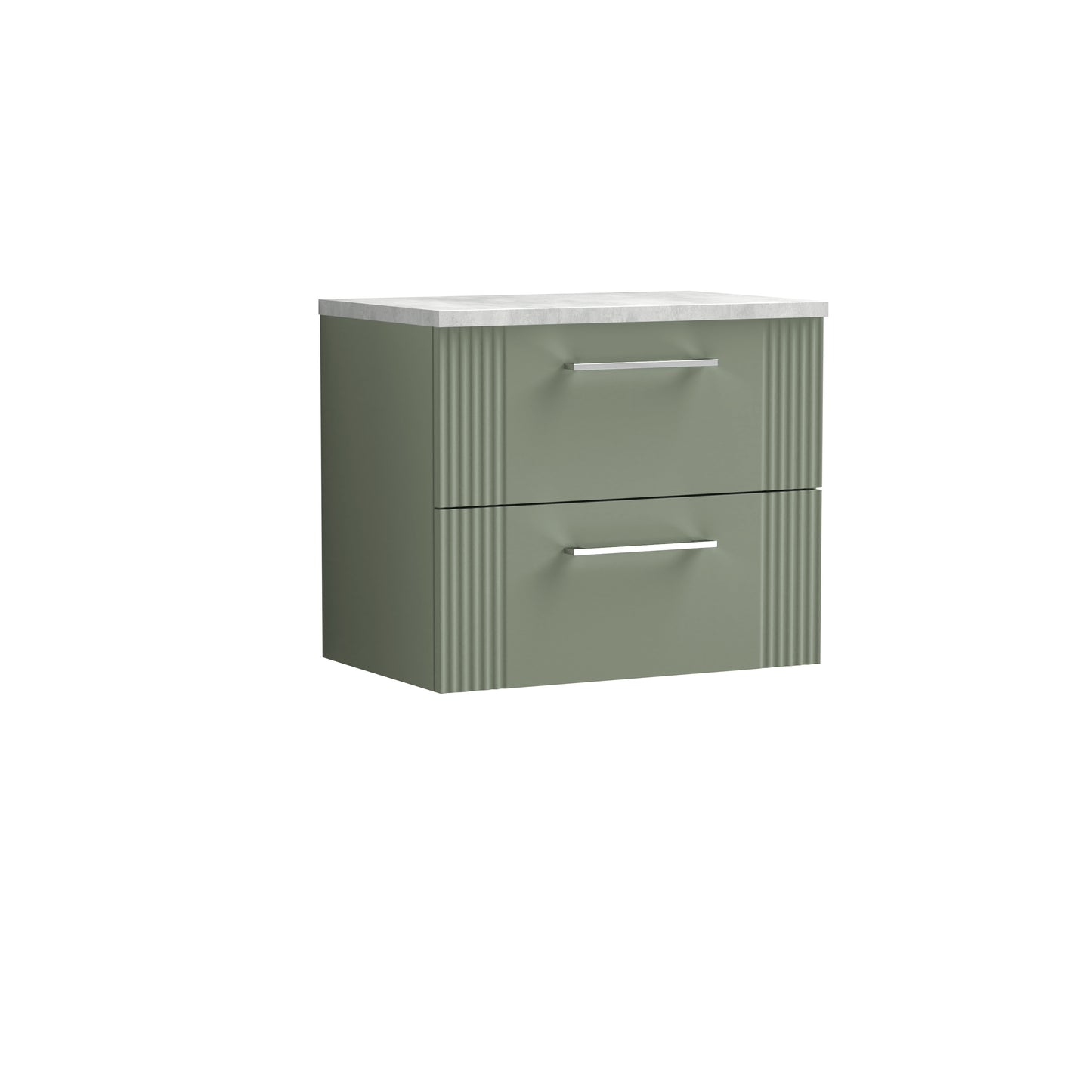 Nuie 600mm Satin Green Wall Hung 2-Drawer Vanity Unit With Laminate Top & Chrome Handles