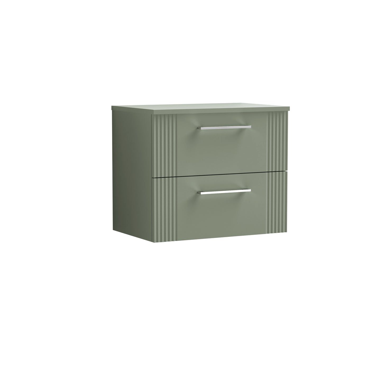 Nuie 600mm Part Fluted Satin Green Wall Hung 2-Drawer Vanity & Worktop With Chrome Handles