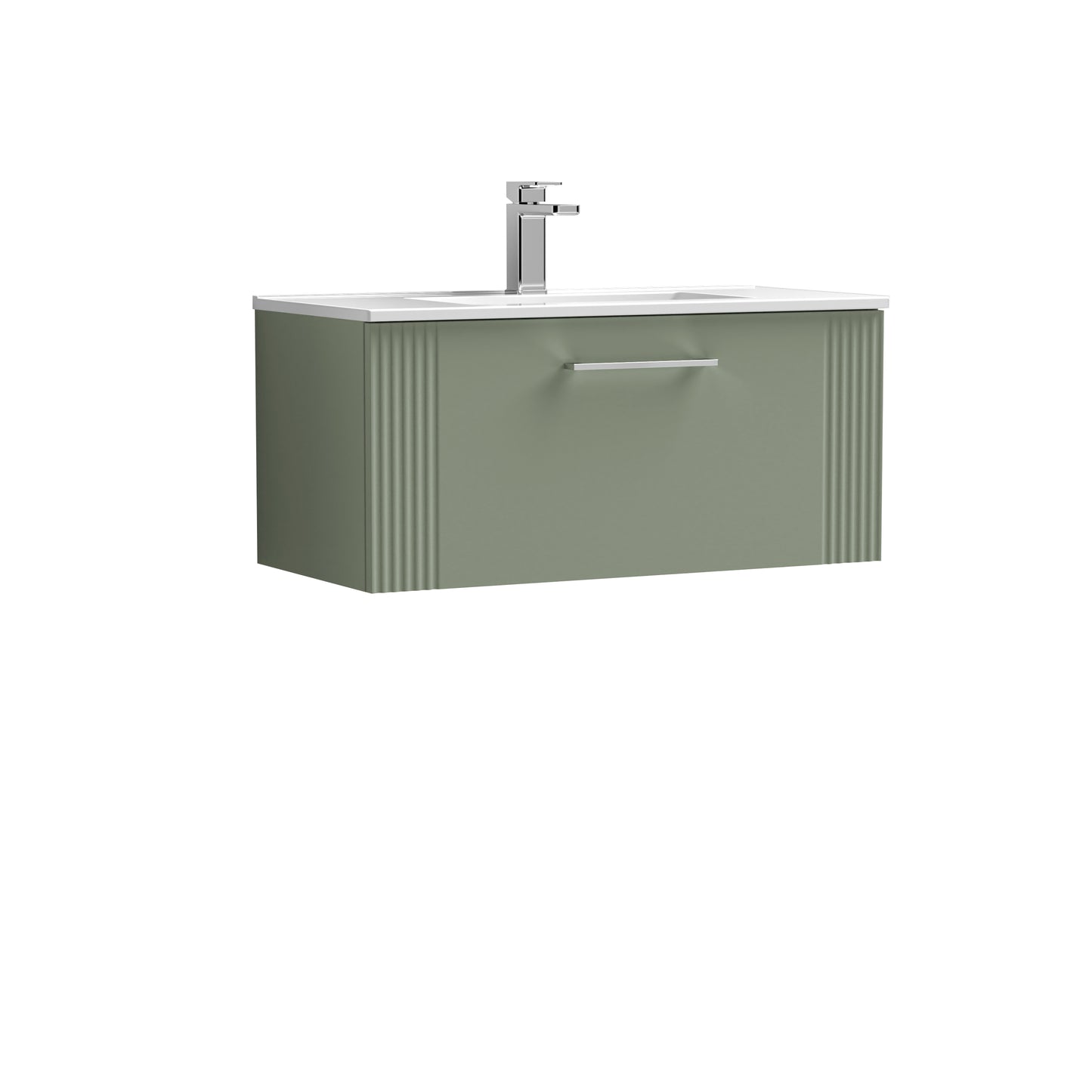 Nuie Deco 800mm Satin Green Wall Hung Single Drawer Vanity Unit with Basin & Chrome Handles