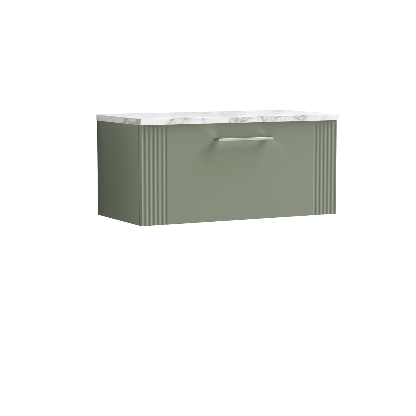Nuie 800mm Part Fluted Satin Green Wall Hung Single Drawer Vanity Unit With Laminate Worktop