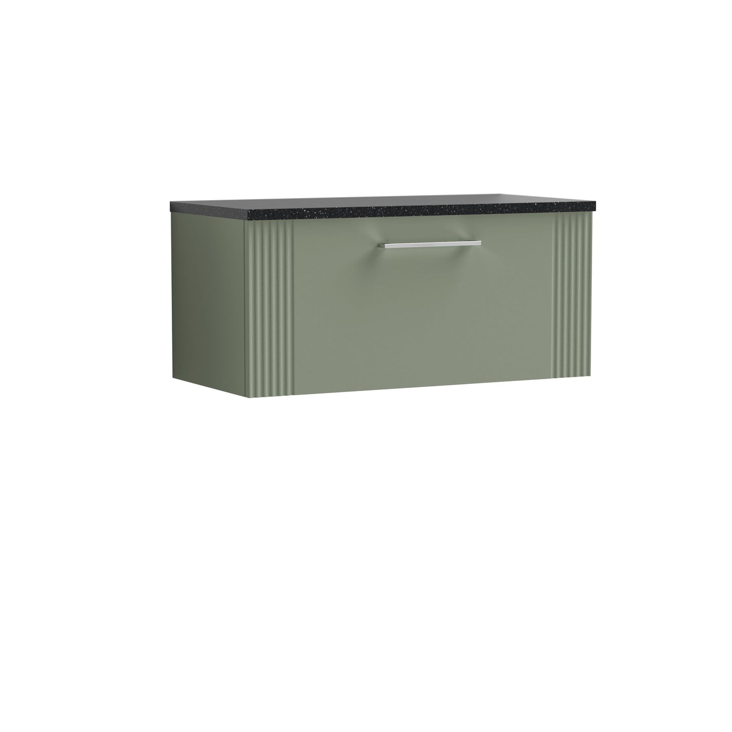 Nuie 800mm Satin Green Part Fluted Wall Hung Single Drawer Vanity Unit With Chrome Handles