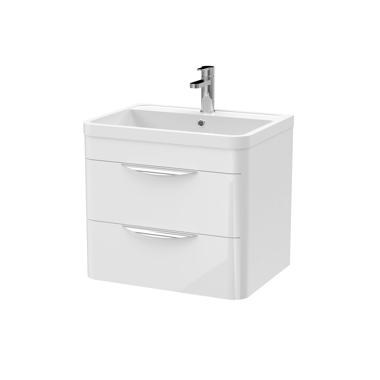 Nuie 600mm Gloss White Wall Hung 2 Drawer Vanity Unit with Ceramic Basin