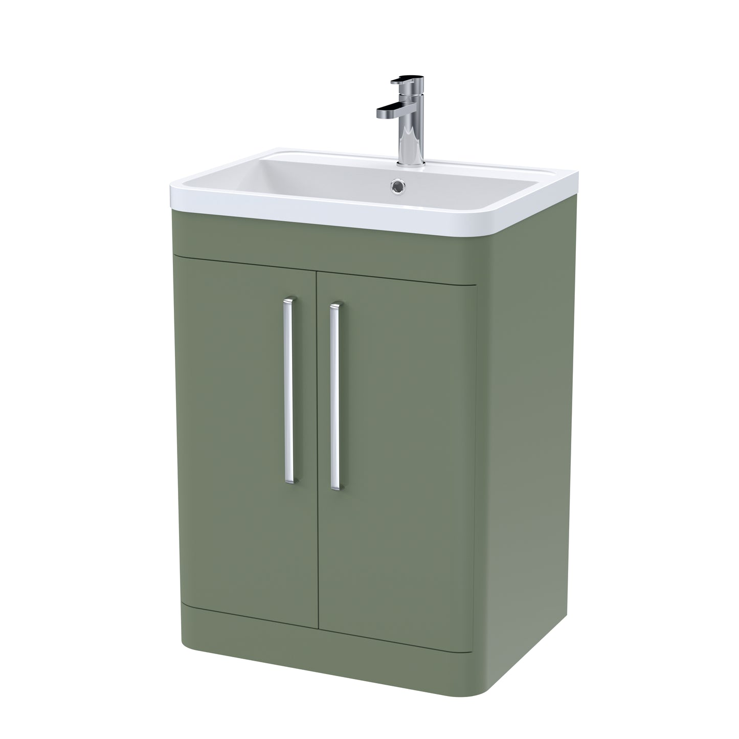 Nuie Parade 600mm Satin Green Floor Standing 2 Door Vanity Unit With Polymarble Basin