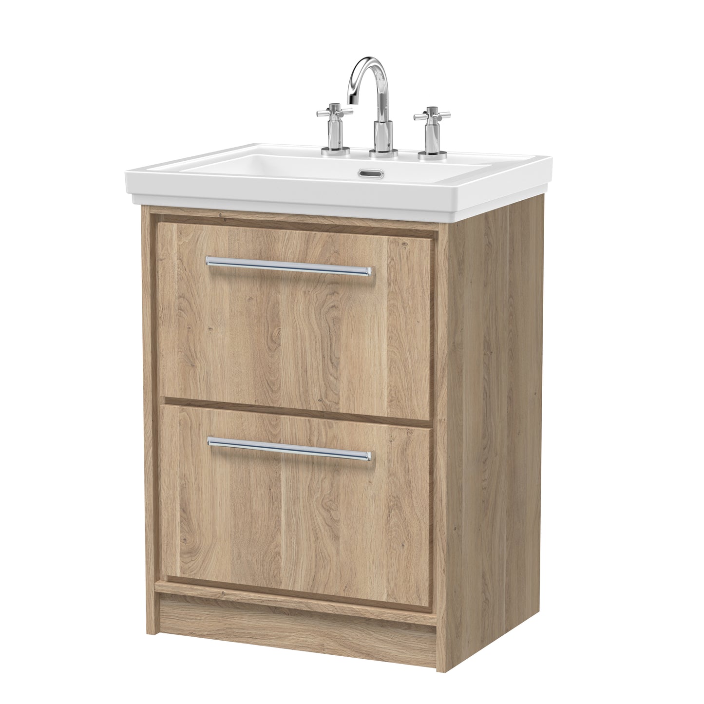 Hudson Reed Lille 600mm Bleached Oak Floor Standing 2-Drawer Vanity Unit with 3 Tap Hole Basin