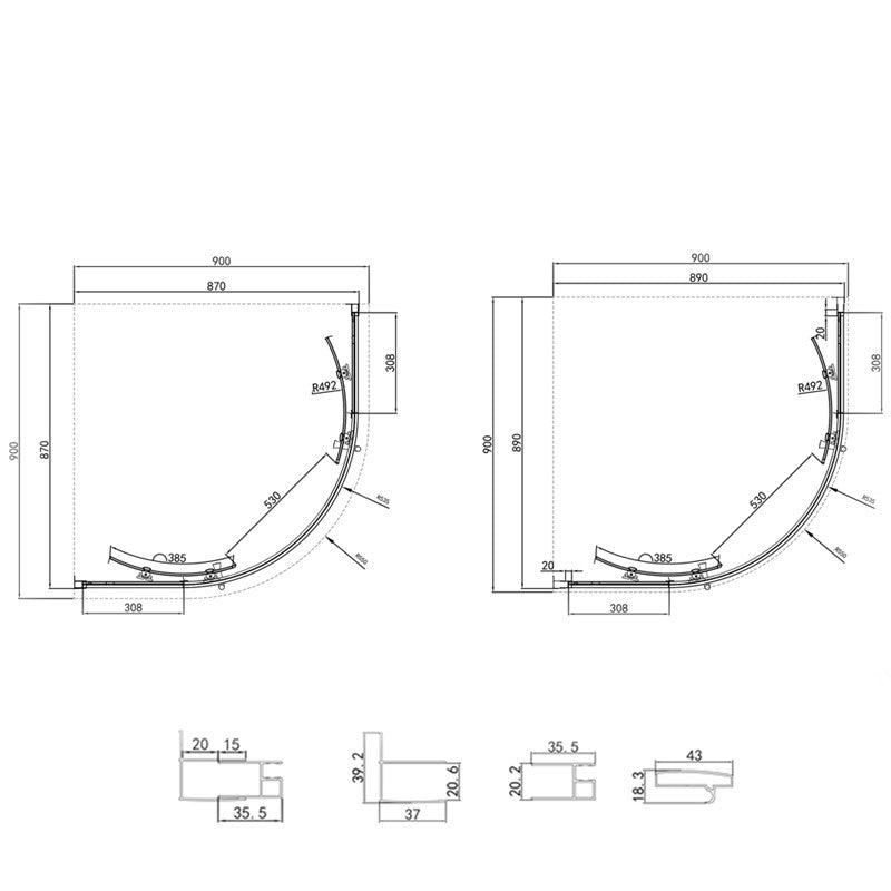 Ralus 6 2 Door Quadrant Shower Enclosure (238800QUAD & 2381290SIDE)