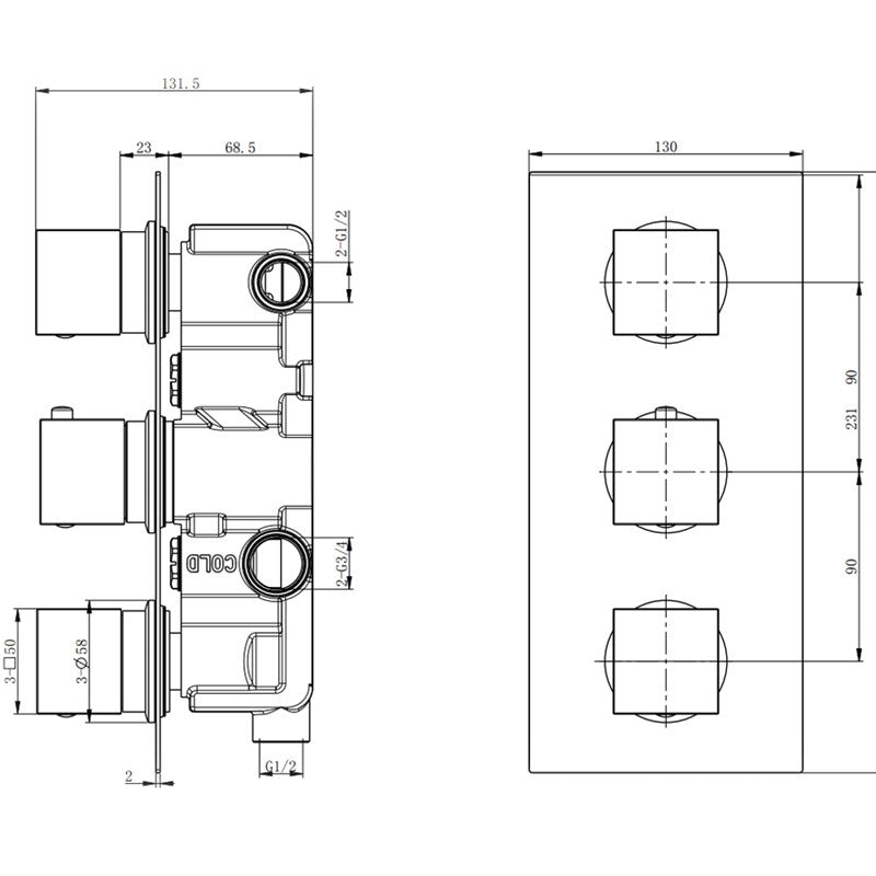 Black Triple Thermostatic Valve (SY-CVQ13K)