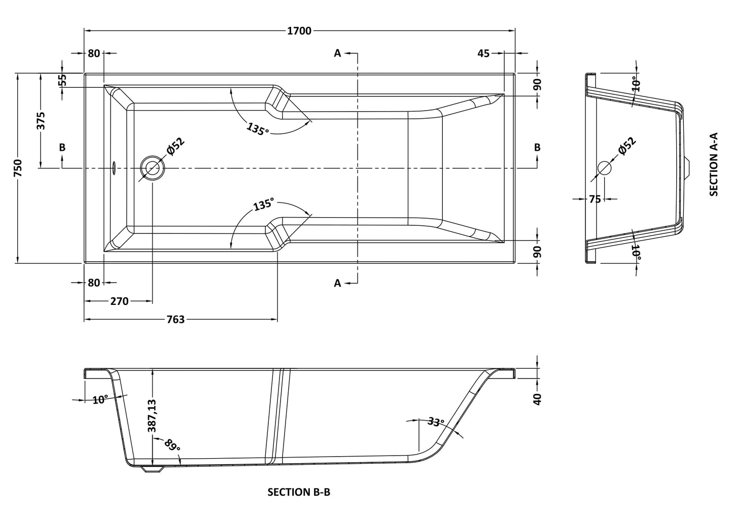 Square Single Ended 6 Jet Whirlpool Bath by Nuie