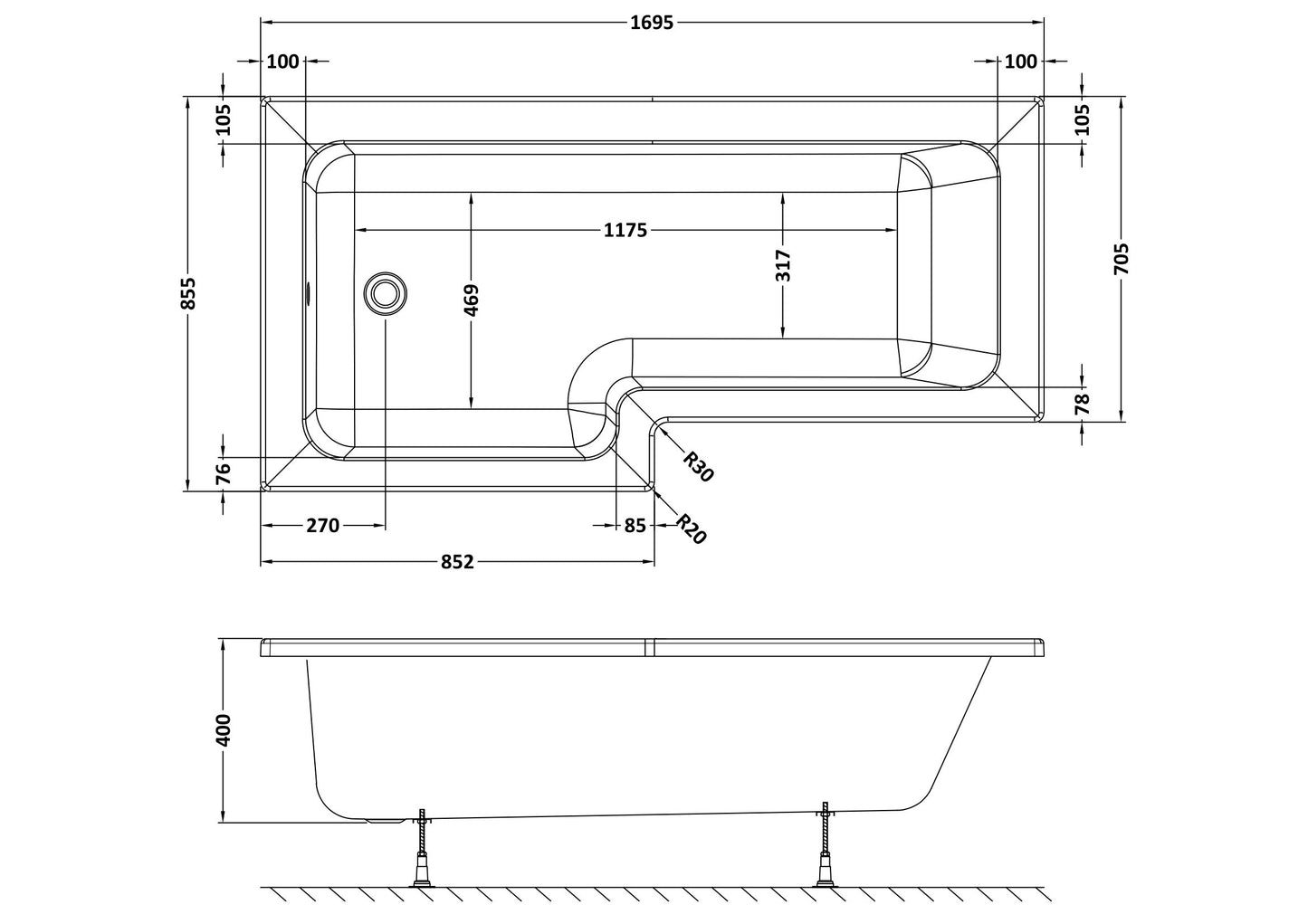 L Shape 8 Jet Whirlpool Bath by Nuie
