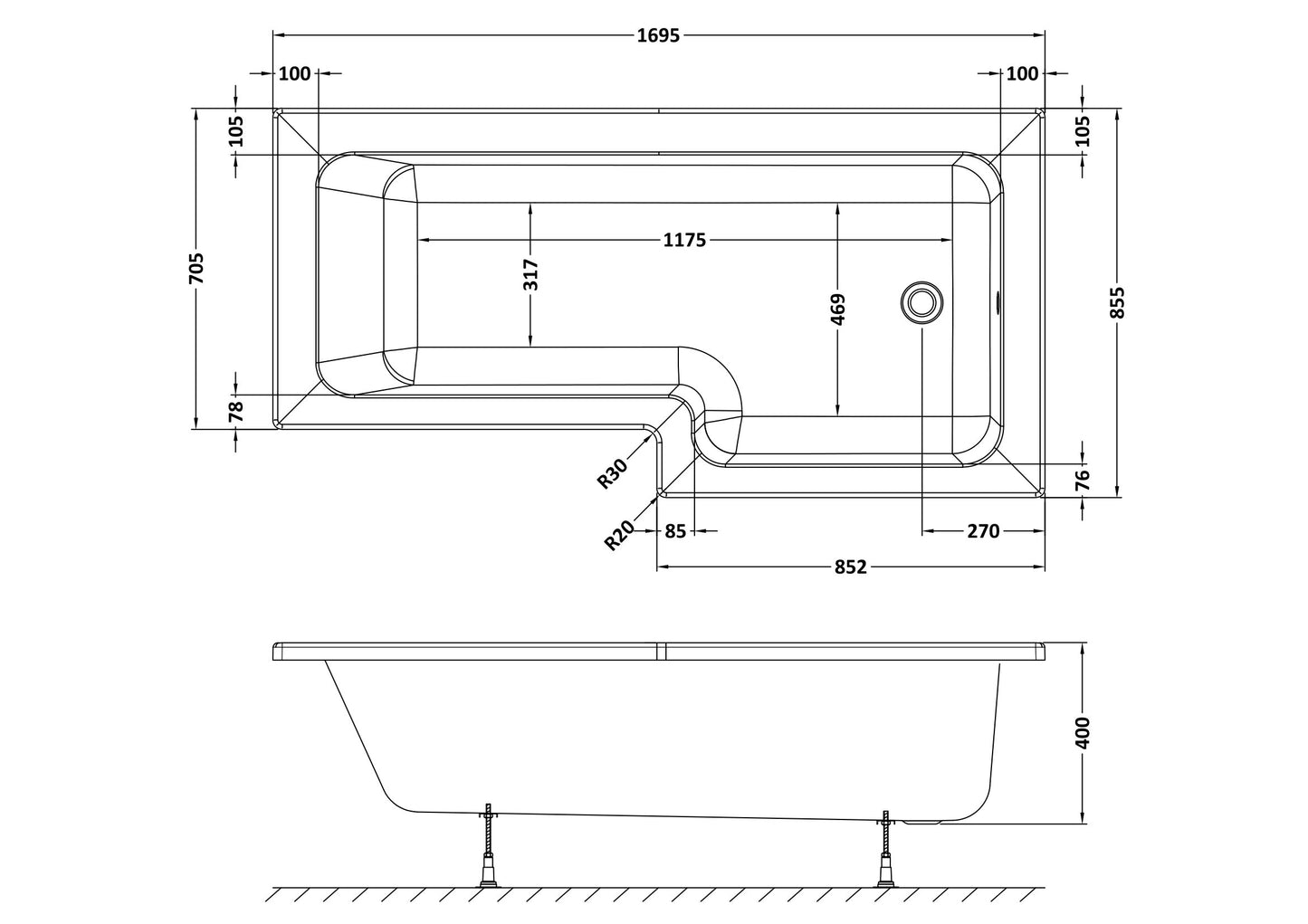 L Shape 8 Jet Whirlpool Bath by Nuie