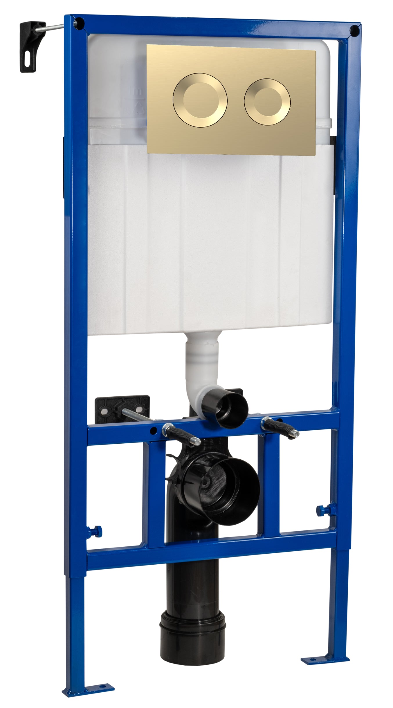 Nuie 890mm High Brushed Brass Dual Flush Cistern Frame With Round Flush Plate