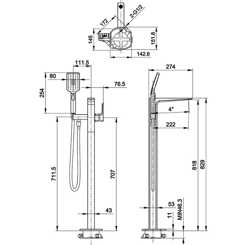 Synergy Studio D Brushed Brass Freestanding Bath Shower Mixer (SY-D88BB)