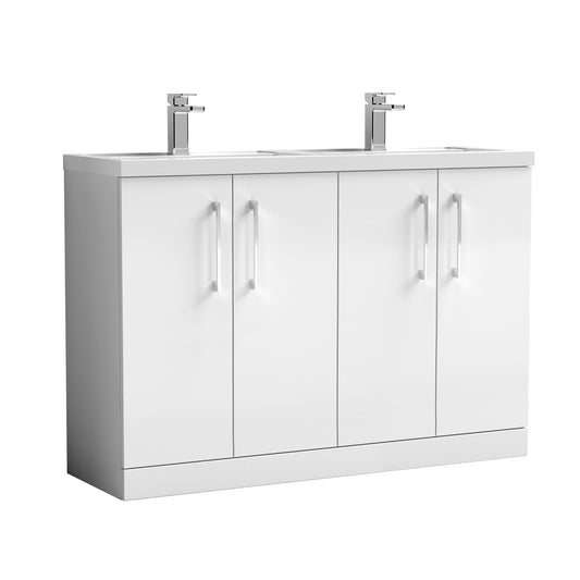 Nuie Arno 1200mm Gloss White Floor Standing 4 Door Vanity & Double Basin With Handles