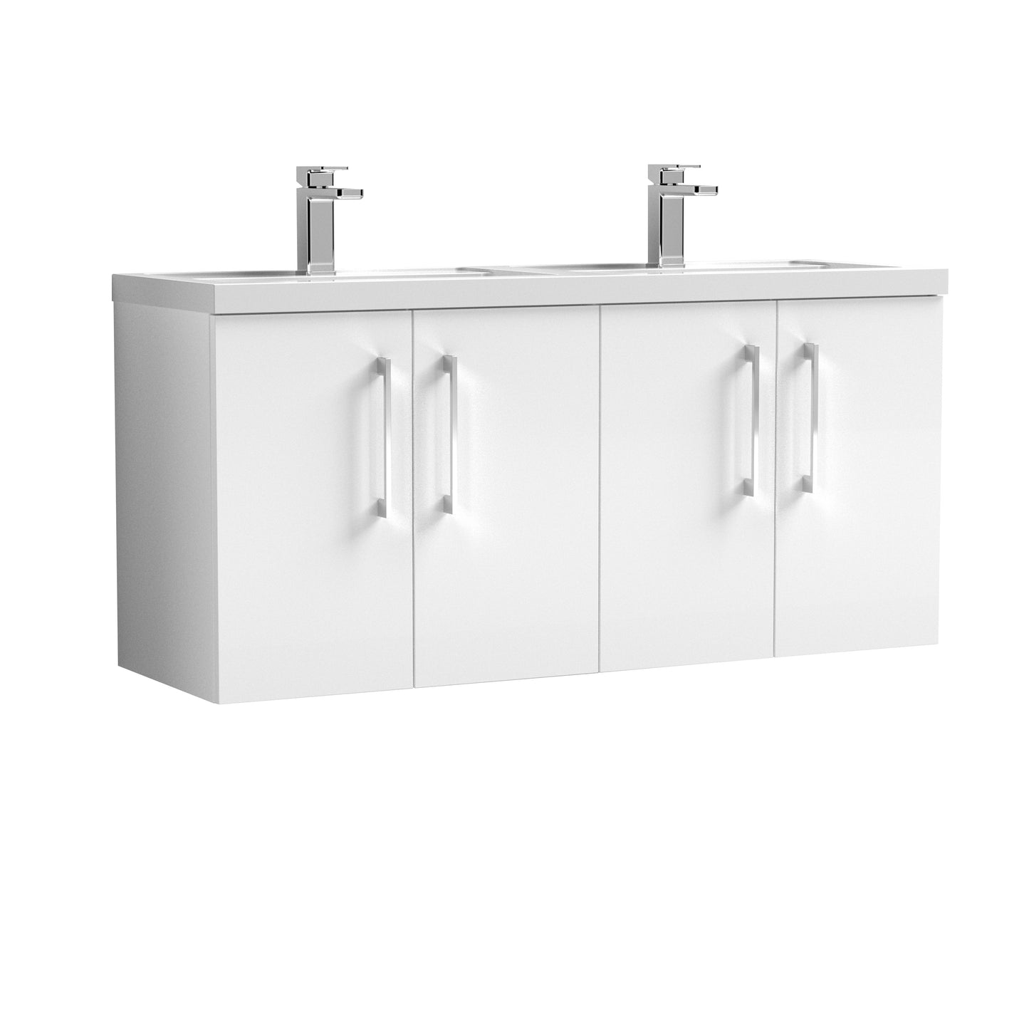 Arno 1200mm Wall Hung 4-Door Vanity Unit with Twin Polymarble Basin by Nuie
