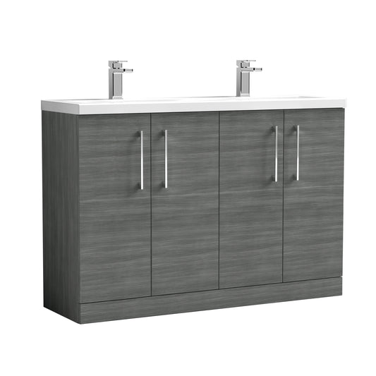 Nuie 1200mm Anthracite Woodgrain Floor Standing 4 Door Double Basin Vanity Unit With 4 Handles With Overflow