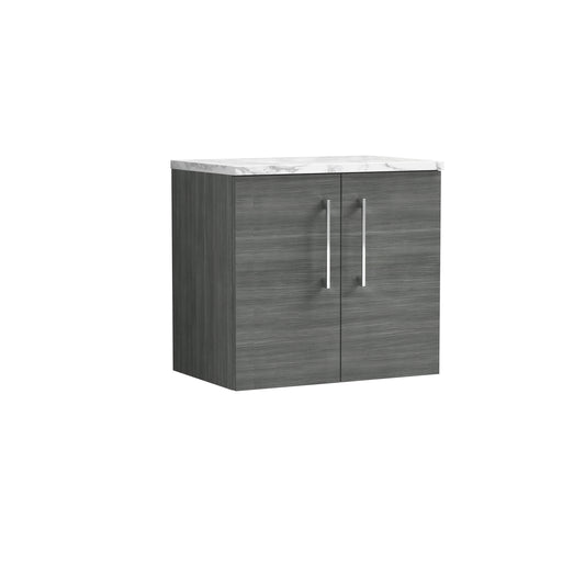 Nuie 600mm Anthracite Woodgrain Wall Hung 2-Door Vanity Unit With Laminate Worktop