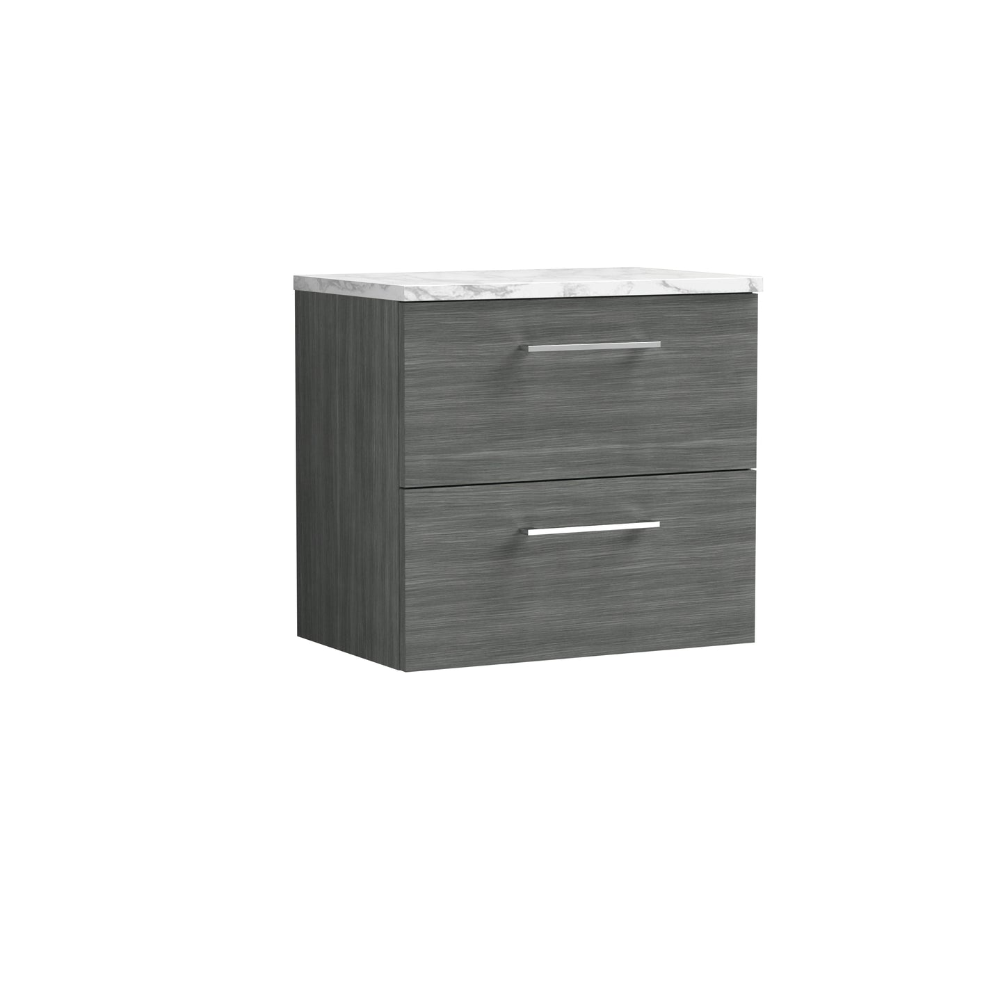 Nuie 600mm Anthracite Woodgrain Wall Hung 2-Drawer Vanity Unit With Laminate Worktop & Handles