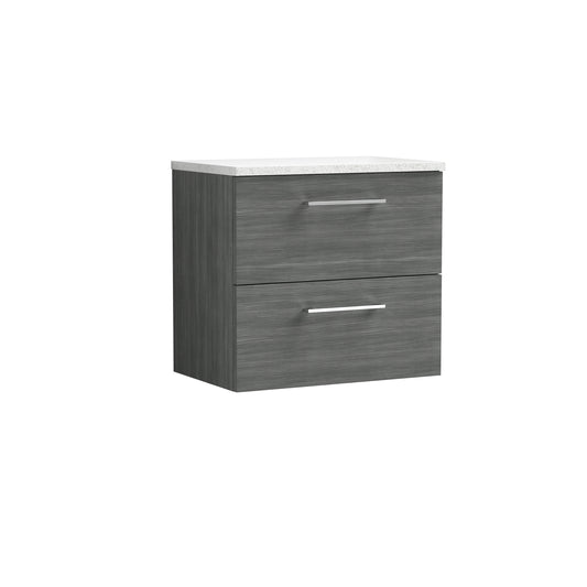 Nuie Arno 600mm Wall Hung Anthracite Woodgrain 2-Drawer Vanity Unit With Laminate Top