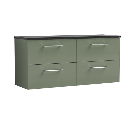 Nuie 1200mm Satin Green Wall Hung 4-Drawer Vanity Unit With Soft Close Drawers & Laminate Worktop