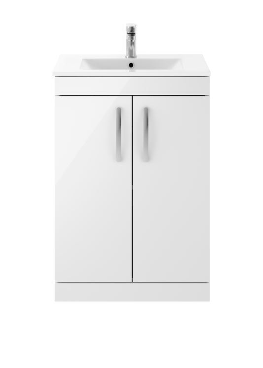 Nuie Athena 600mm Gloss White Floor Standing 2 Door Vanity Unit With 1 Tap Hole Basin
