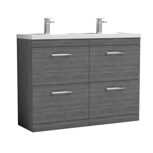 Nuie Athena 1200mm Anthracite Woodgrain Floor Standing 4 Drawer Vanity Unit With Twin Polymarble Basin