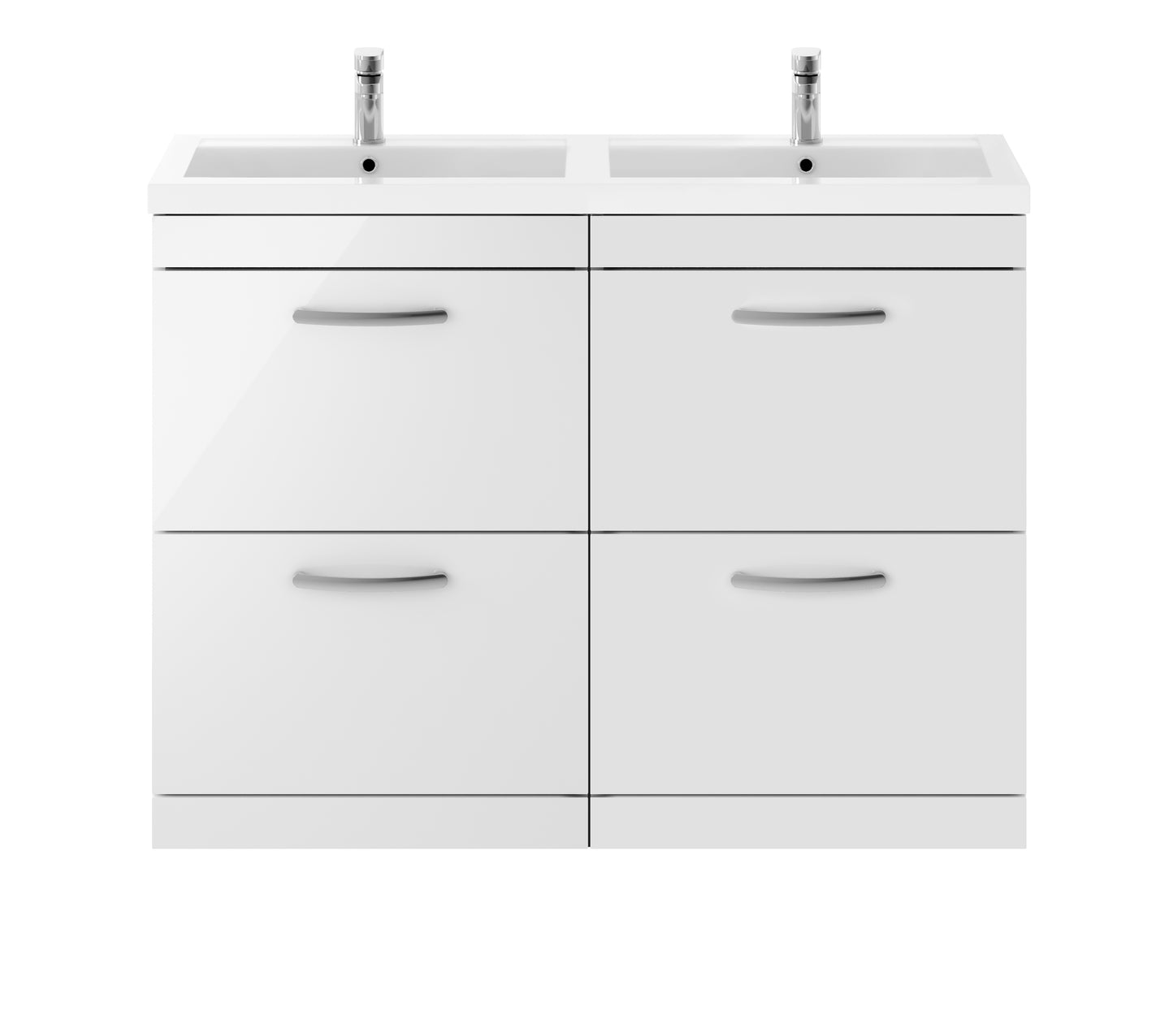 Nuie Athena 1200mm Floor Standing Gloss White 4 Drawer Vanity Unit With Twin Polymarble Basin