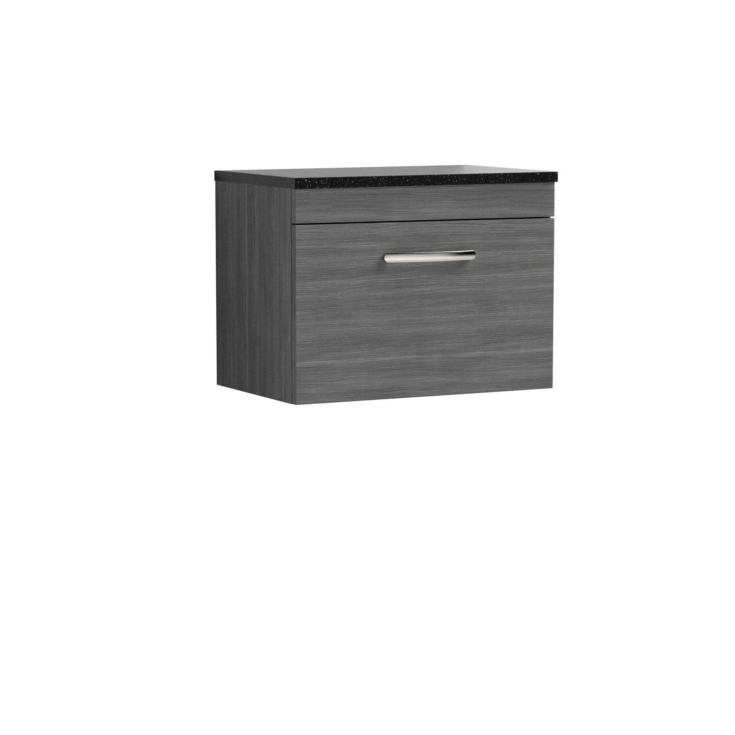 Nuie Athena 600mm Anthracite Woodgrain Single Drawer Wall Hung Vanity Unit With Sparkling Black Worktop