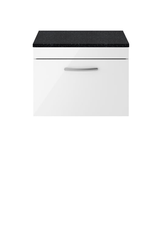 Nuie Athena 600mm Wall Hung Single Drawer Vanity Unit With Sparkling Black Worktop